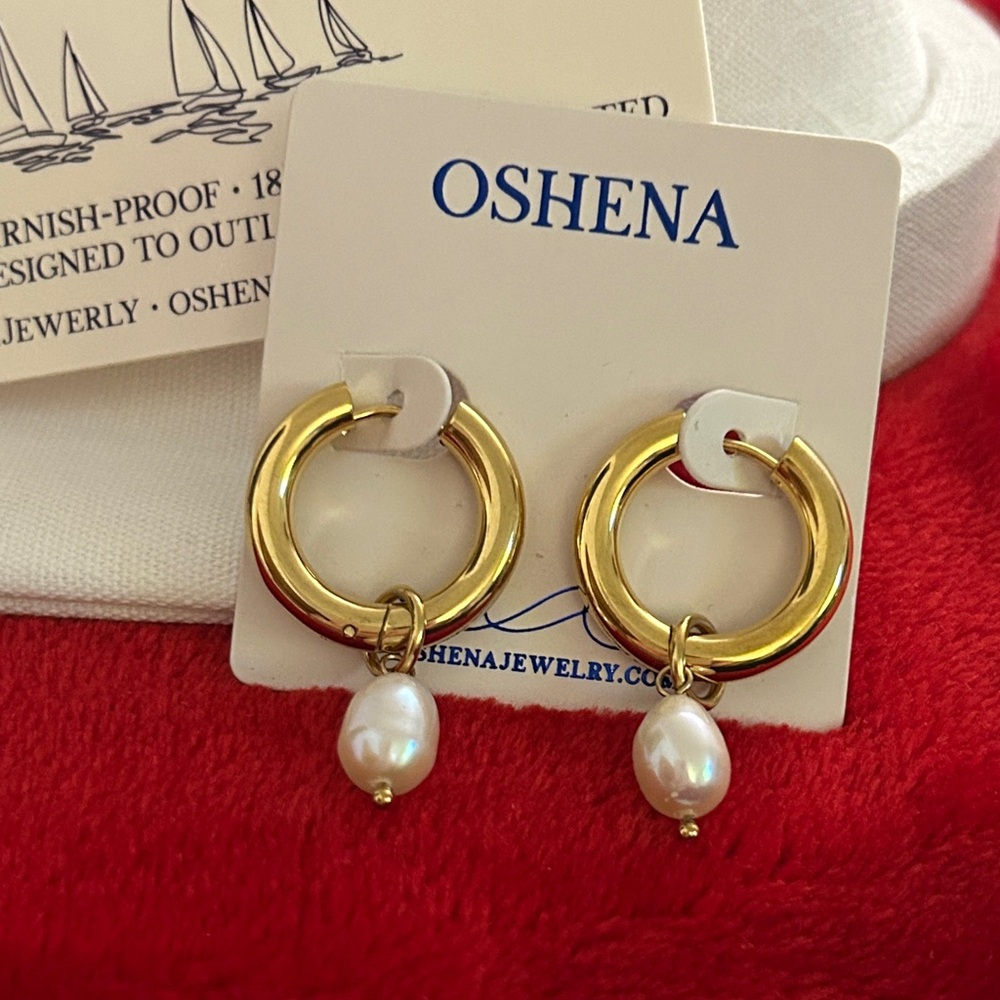 Oshena designer‎ beachwear Gold Hoop Earrings genuine Pearls Free jewelry box!